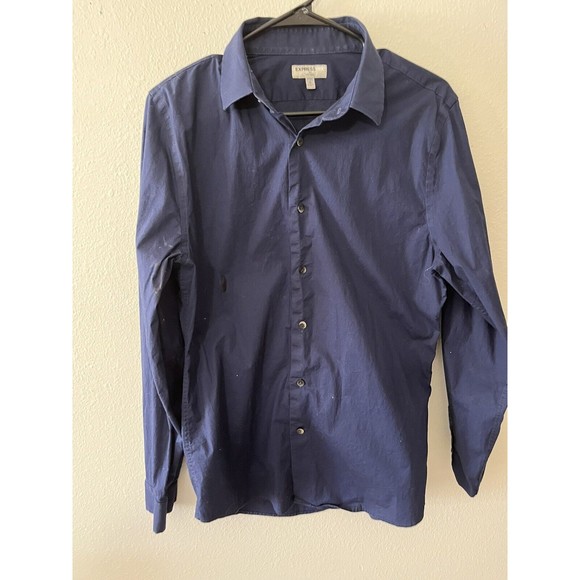 Express Men's 1MX Fitted Dress Shirt Navy Blue Button Up Size Medium 15-15.5 - Picture 1 of 5